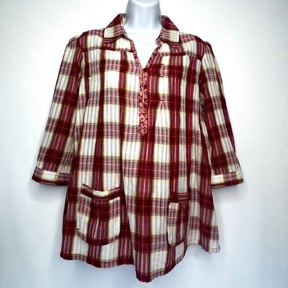 Vintage DCC Missy Casual Top Red White Plaid Sz M Cotton 3/4 Sleeve Collar - Picture 1 of 16